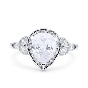 Halo Art Deco Wedding Pear Ring Simulated Cubic Zirconia 925 Sterling Silver